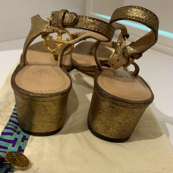 Tory Burch Women Metallic Gold W/ Rhinestone Thong Shoes Sandals 7.5 Block Heel - Picture 2 of 6